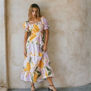 SABO Floral Puff-Sleeve Maxi Dress in Lavender and Yellow